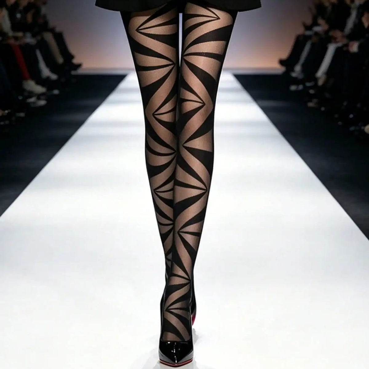 Sheer black tights with geometric nude stripe pattern, full-length coverage