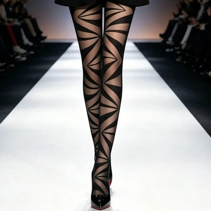 Sheer black tights with geometric nude stripe pattern, full-length coverage