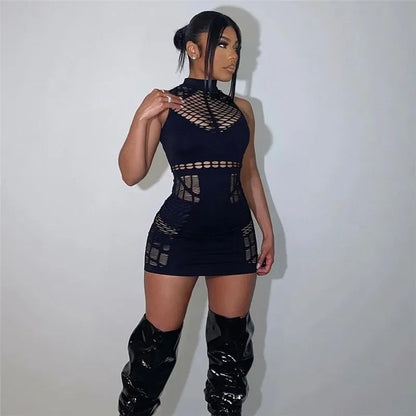 Black mesh teddy bodysuit with high neckline and cutout paneling