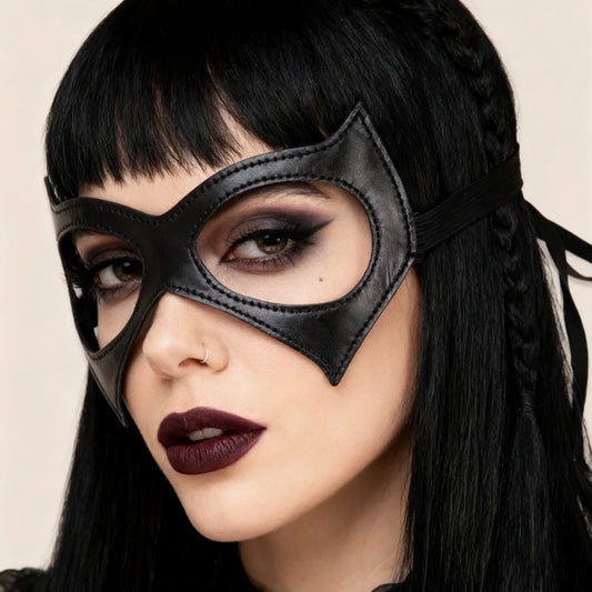 Black cat-eye masquerade mask with pointed nose bridge, worn on face, elastic strap