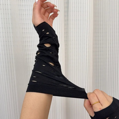 Black long fingerless arm warmer with oval cutouts
