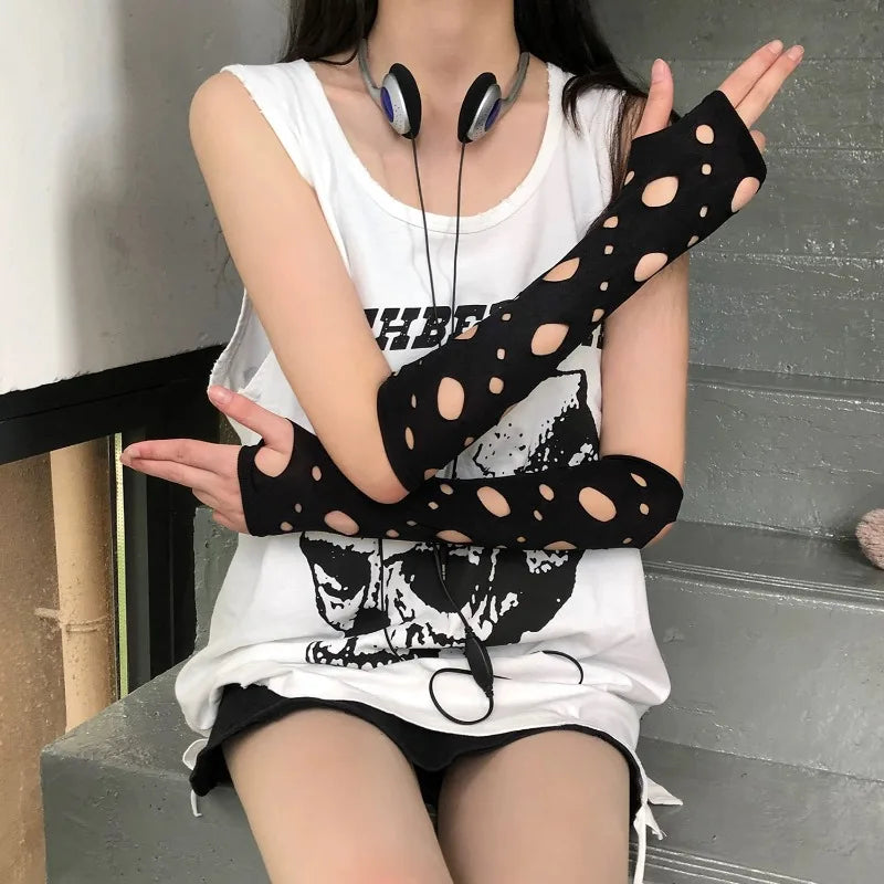 Black cutout arm warmers with oval openings, fingerless sleeves