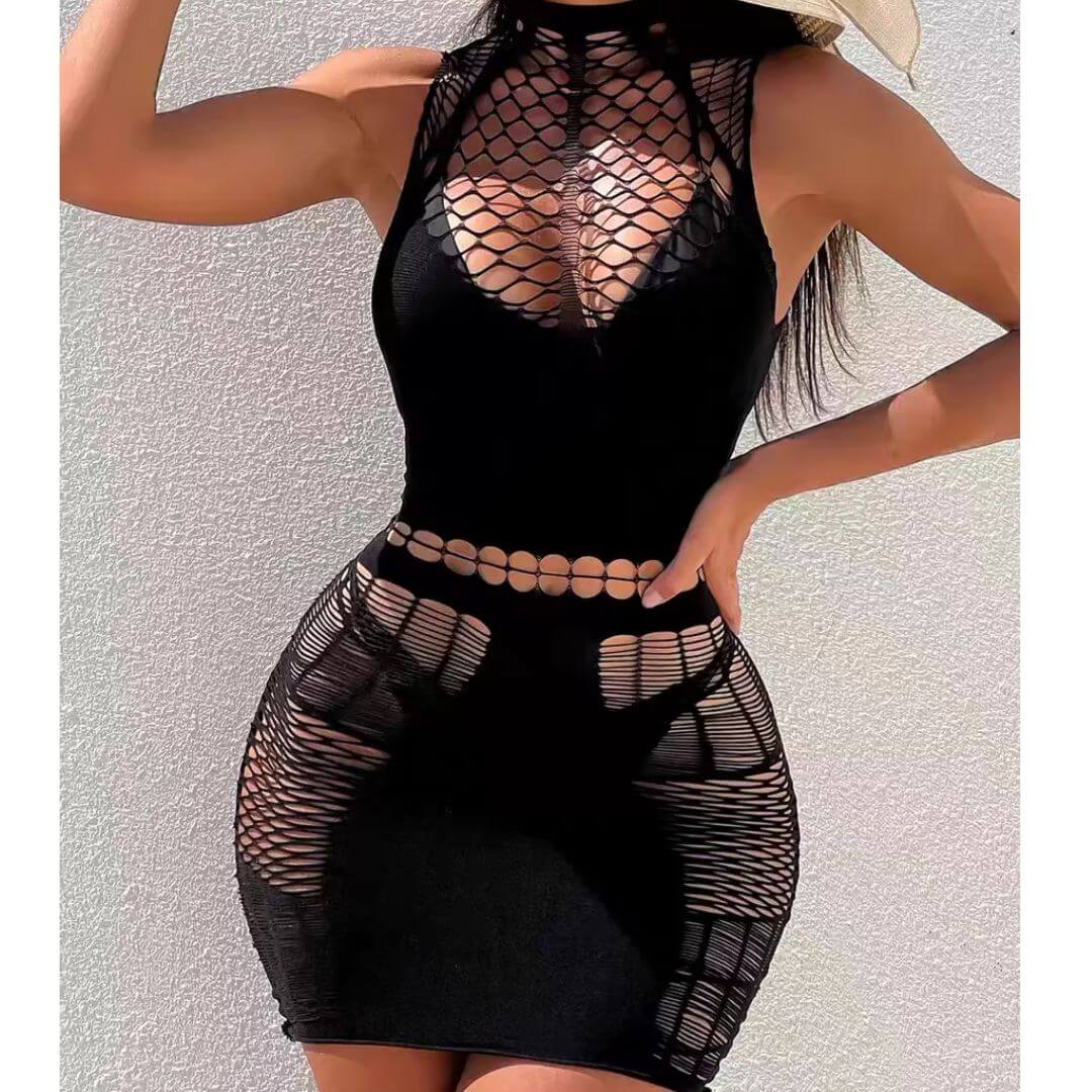 Black mesh teddy with fishnet front panel and cutout band detail