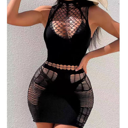 Black mesh teddy with fishnet front panel and cutout band detail