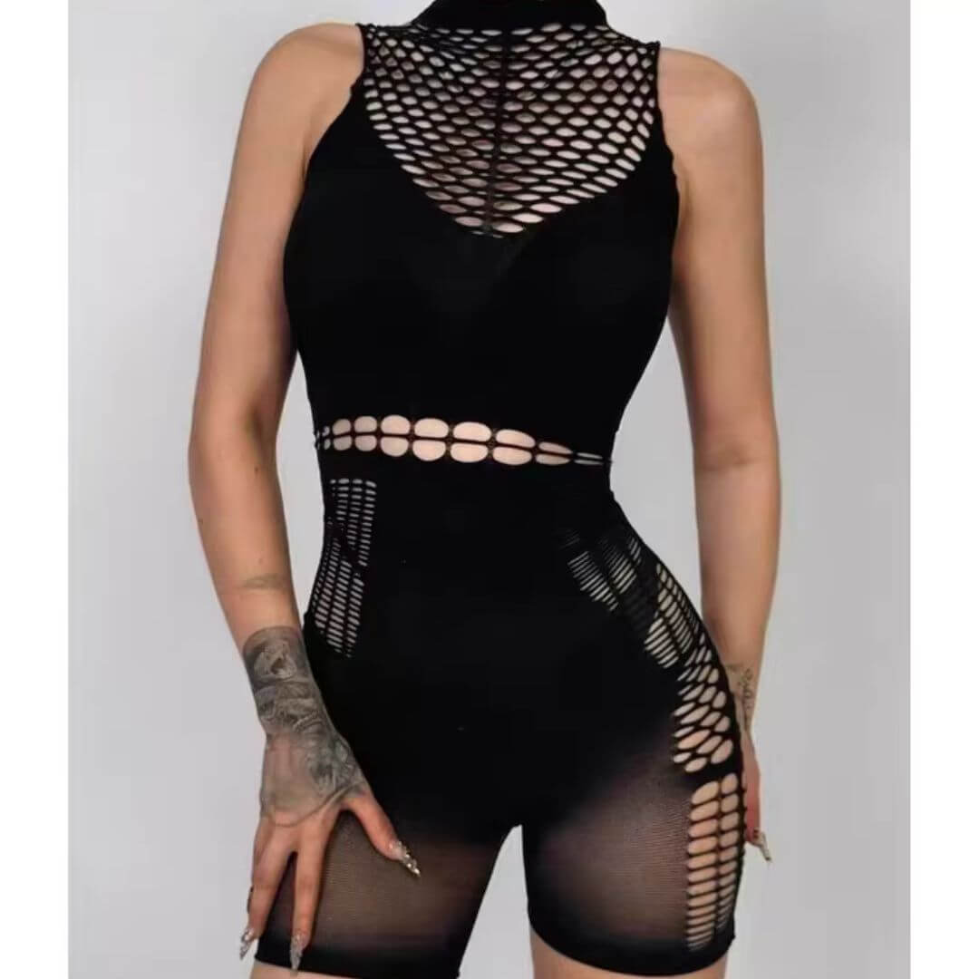 Black sleeveless mesh teddy with high neck, fishnet side cutouts and band trim