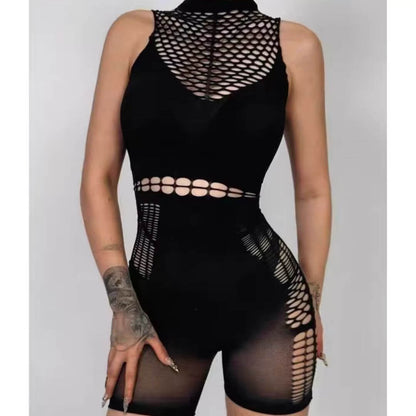Black sleeveless mesh teddy with high neck, fishnet side cutouts and band trim