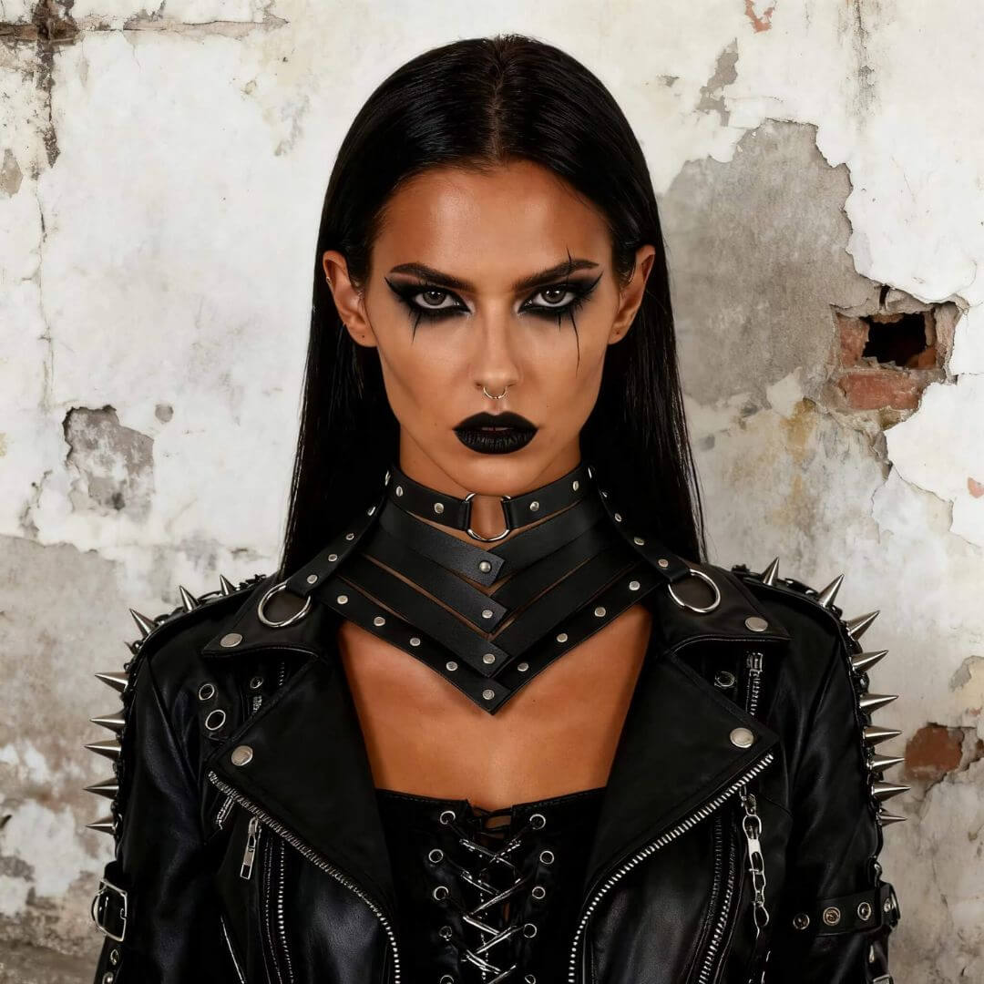 Black leather neck choker harness with metal rings and spiked jacket shoulders