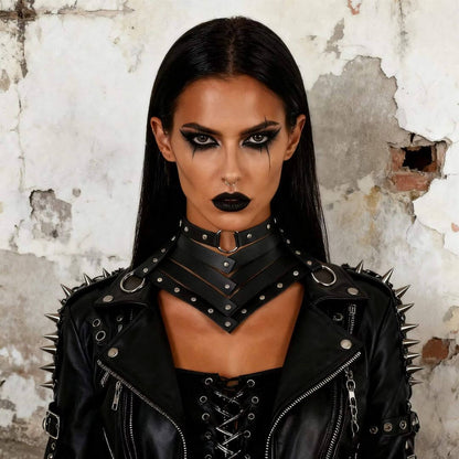 Black leather neck choker harness with metal rings and spiked jacket shoulders