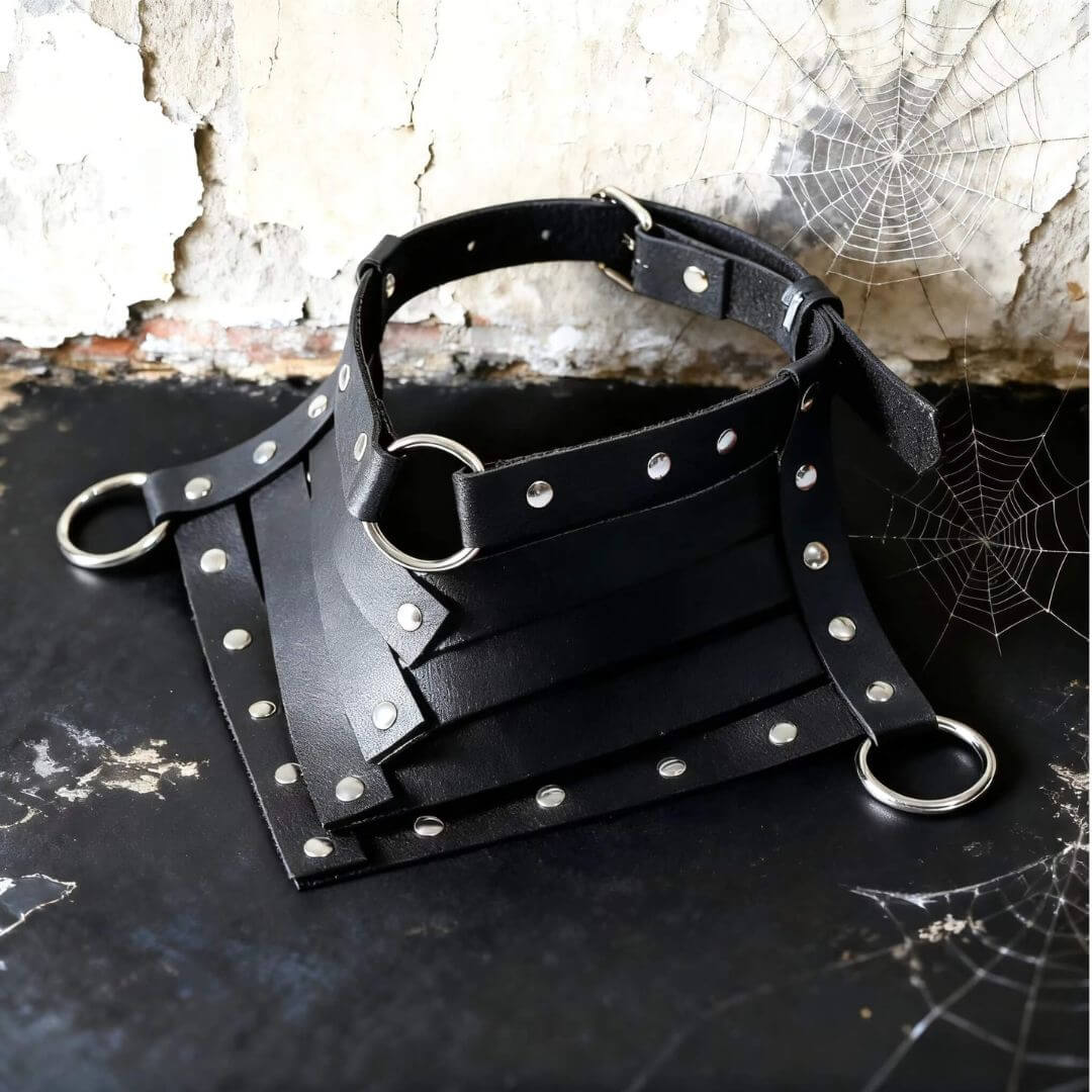 Studded black leather neck collar with metal rings and buckle straps