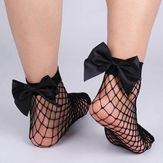Pair of black fishnet ankle socks with big bow tops and netted design