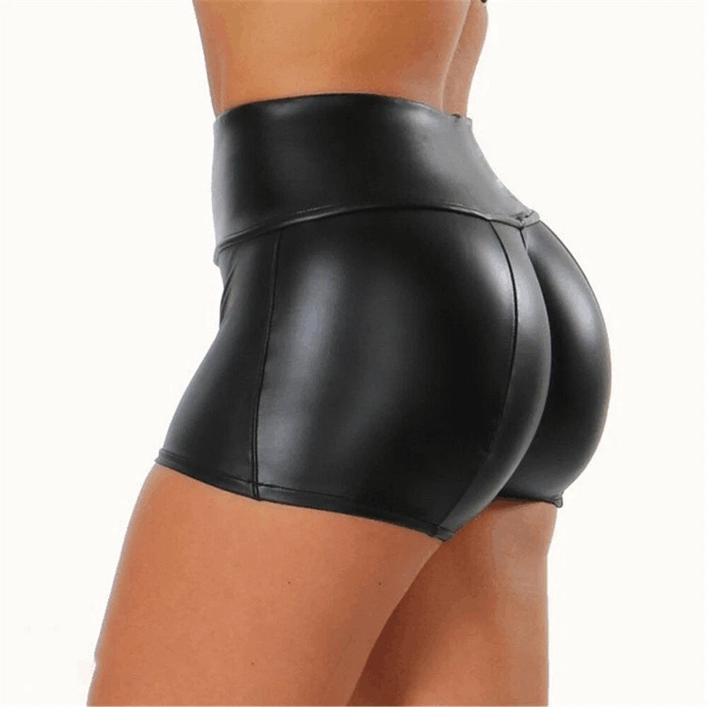 Black leather shorts worn by a person on a white background